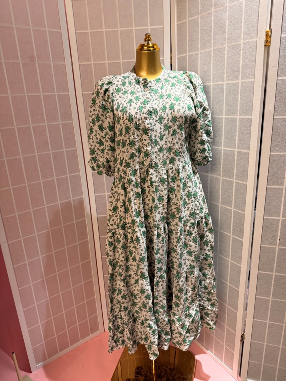 Zara White Dress with Green Floral Print Midi